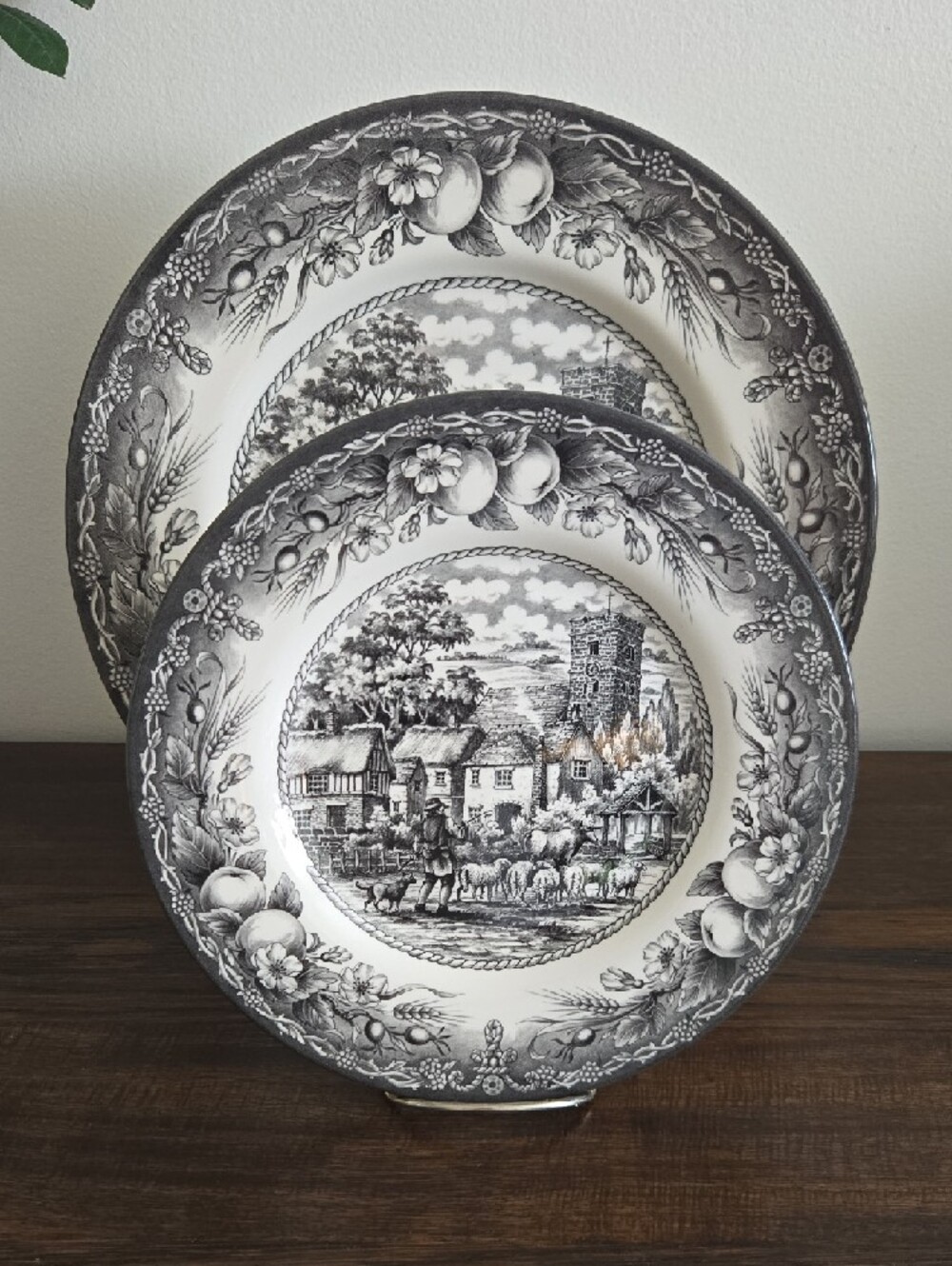 Royal Stafford "Herdsman" Black & White Transferware Dinner Plate & Salad Plate